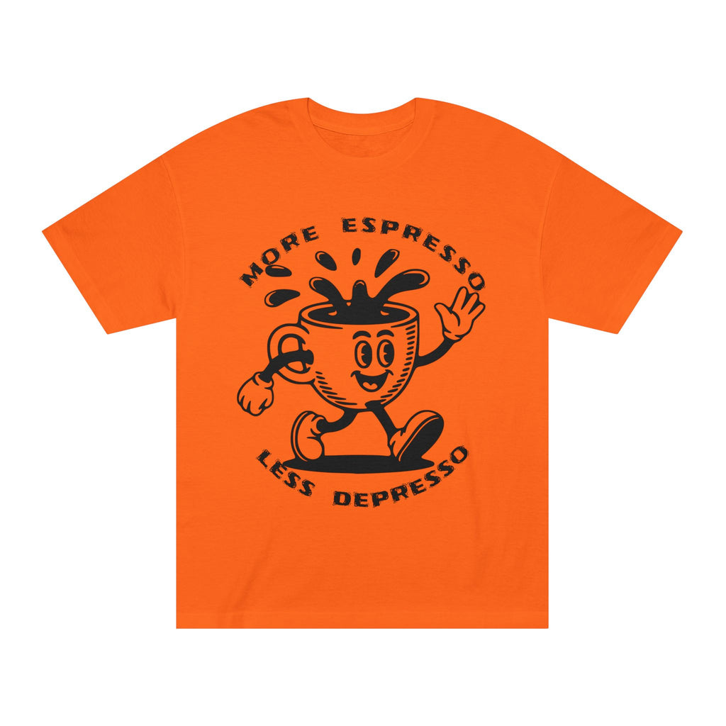 Coffee Tee — "Less Depresso More Espresso" Funny Coffee Shirt
