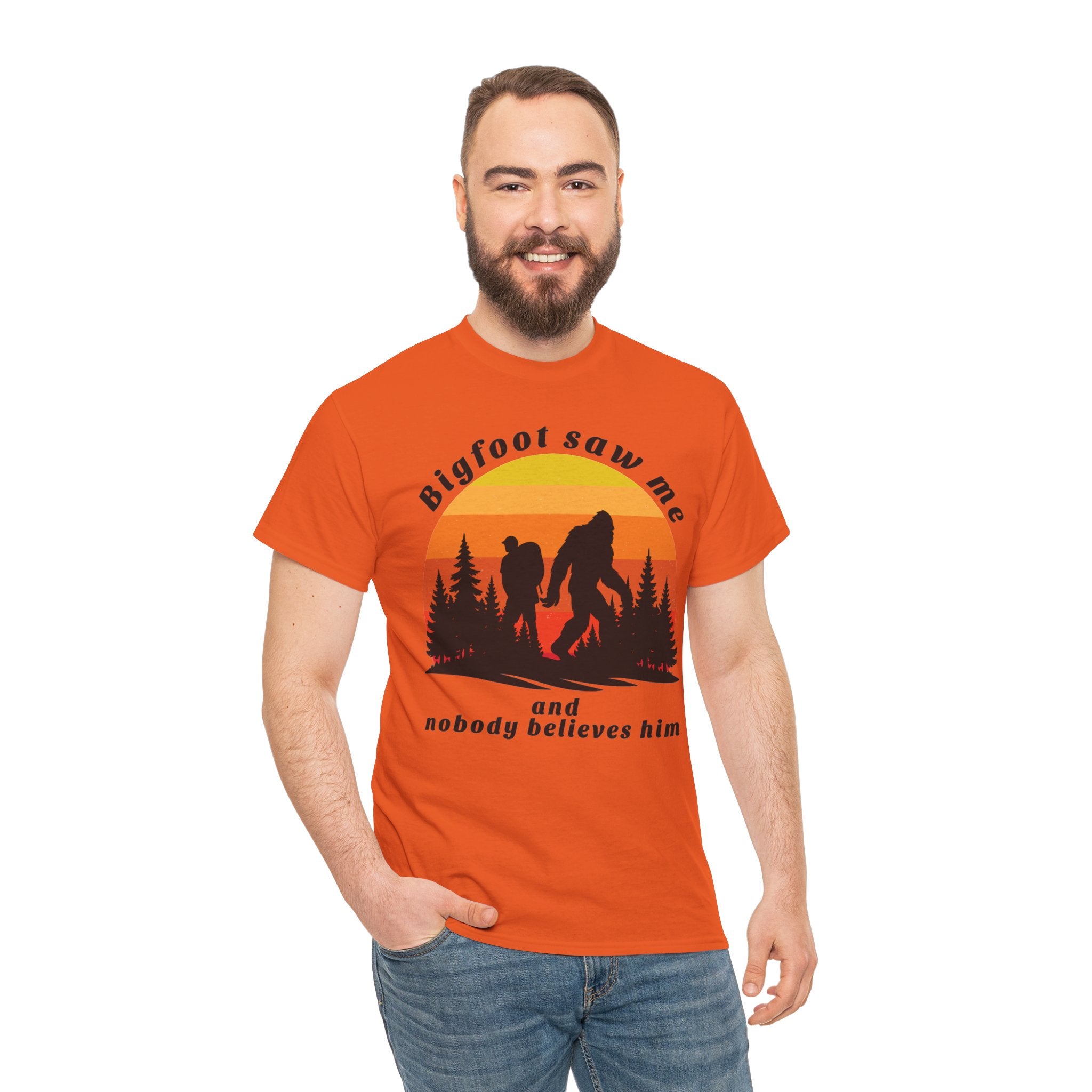Bigfoot Saw Me T‑Shirt – Retro Sunset Sasquatch Graphic Tee