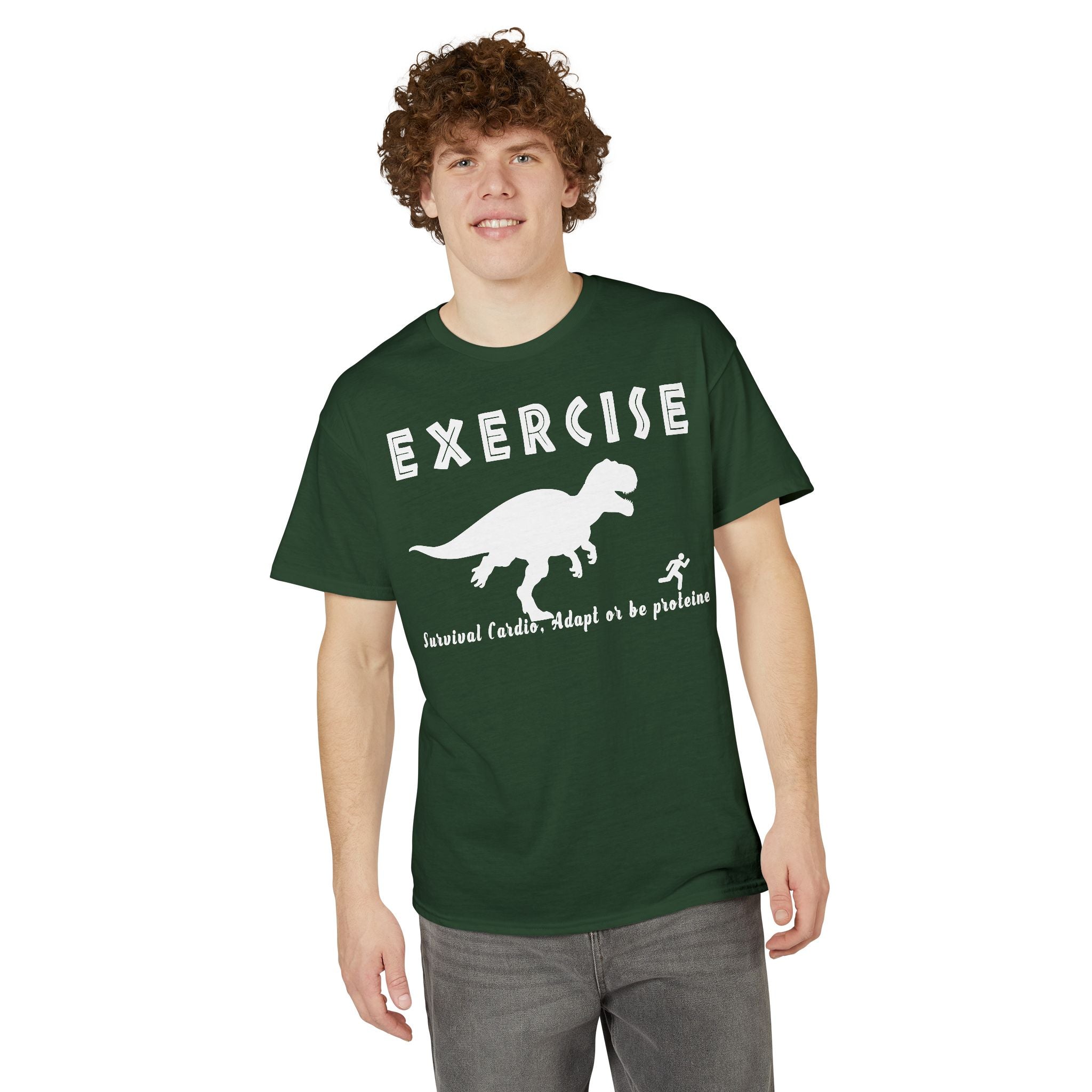 Exercise T‑Shirt — Funny Dinosaur Workout Tee (“Exercise: Survival of the Fittest” design)