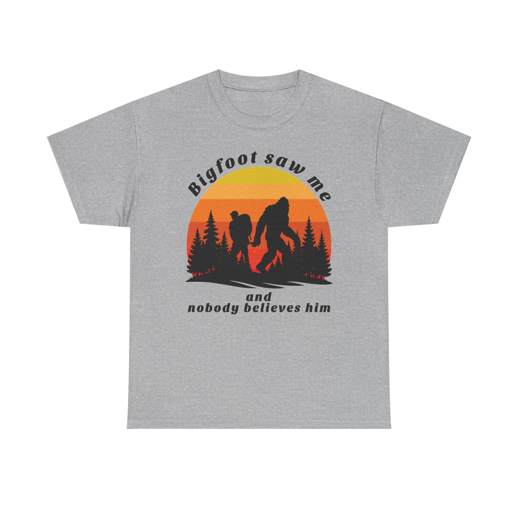 Bigfoot Saw Me T‑Shirt – Retro Sunset Sasquatch Graphic Tee