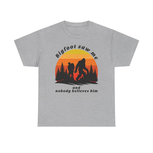 Bigfoot Saw Me T‑Shirt – Retro Sunset Sasquatch Graphic Tee