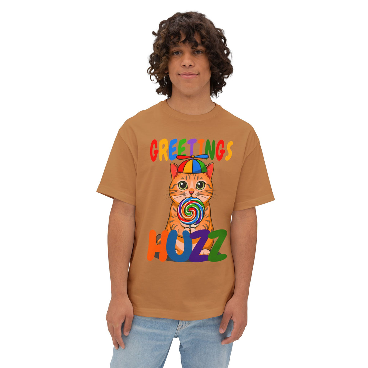Greetings Huzz Cat Tee — Colorful Lollipop Kitten Graphic Shirt